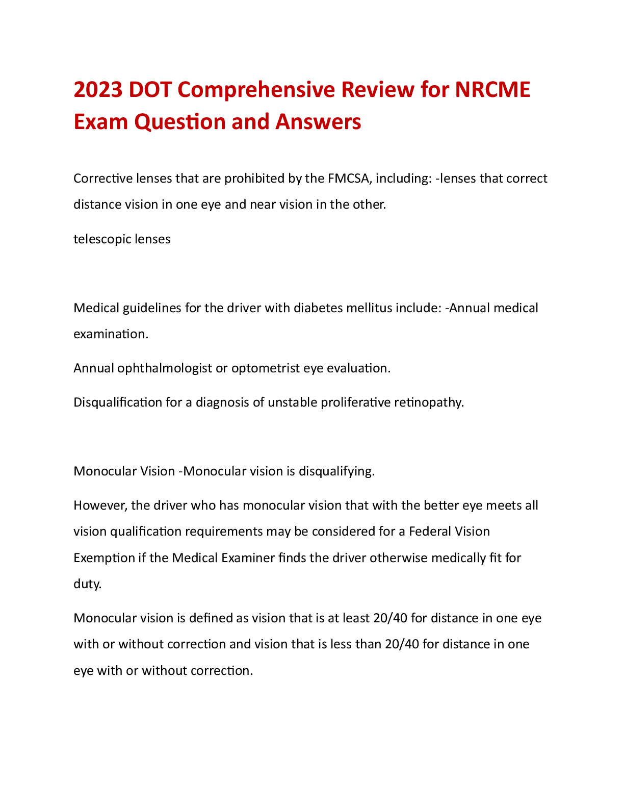 Preview image for 2023 DOT Comprehensive Review for NRCME  Exam Question and Answers