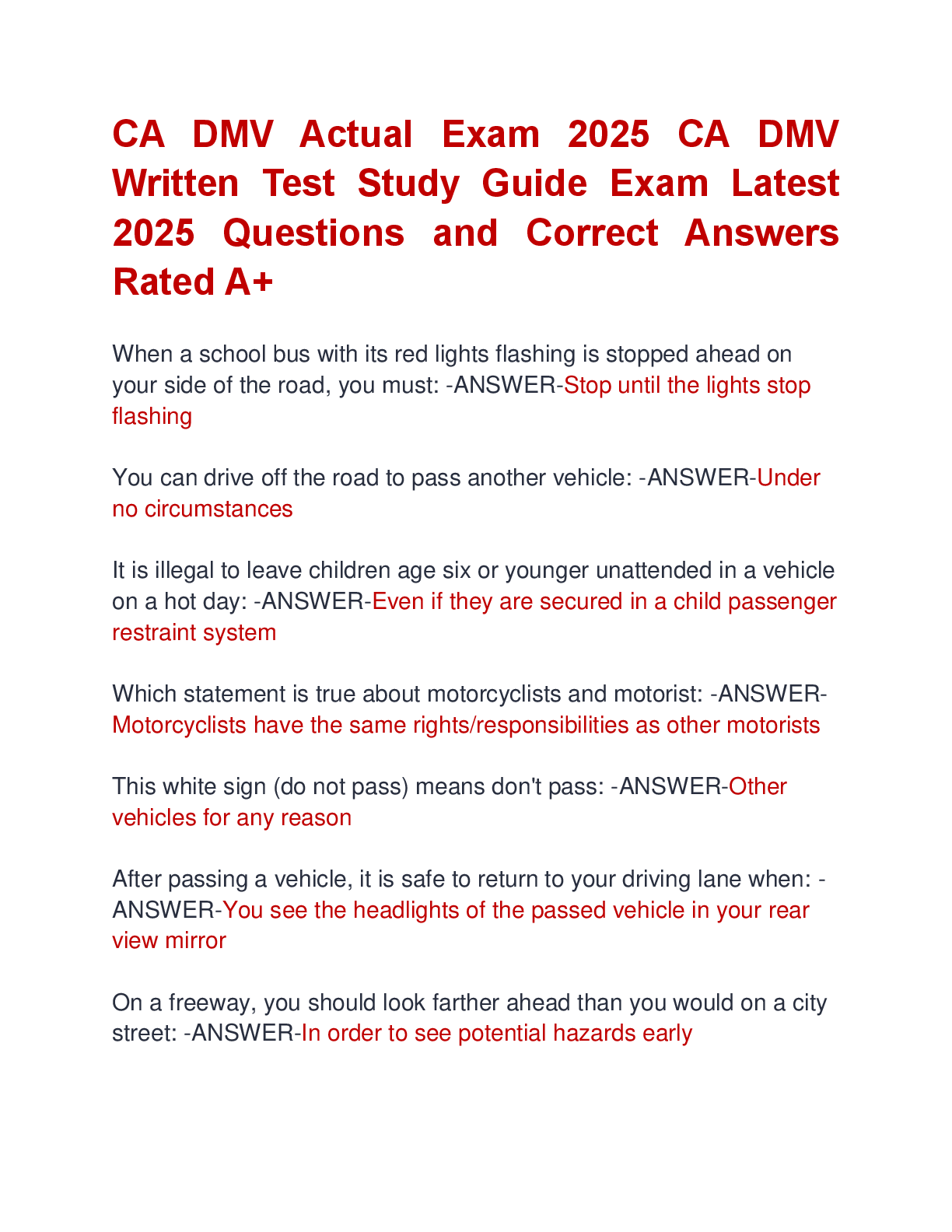 Preview image for CA DMV Actual Exam 2025 CA DMV  Written Test Study Guide Exam Latest  2025 Questions and Correct Answers  Rated A+