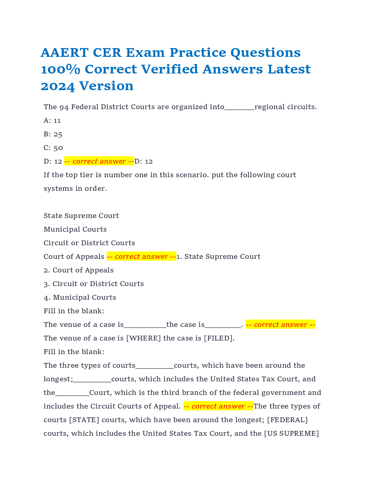 Preview of AAERT CER Exam Practice Questions  100% Correct Verified Answers Latest  2024 Version