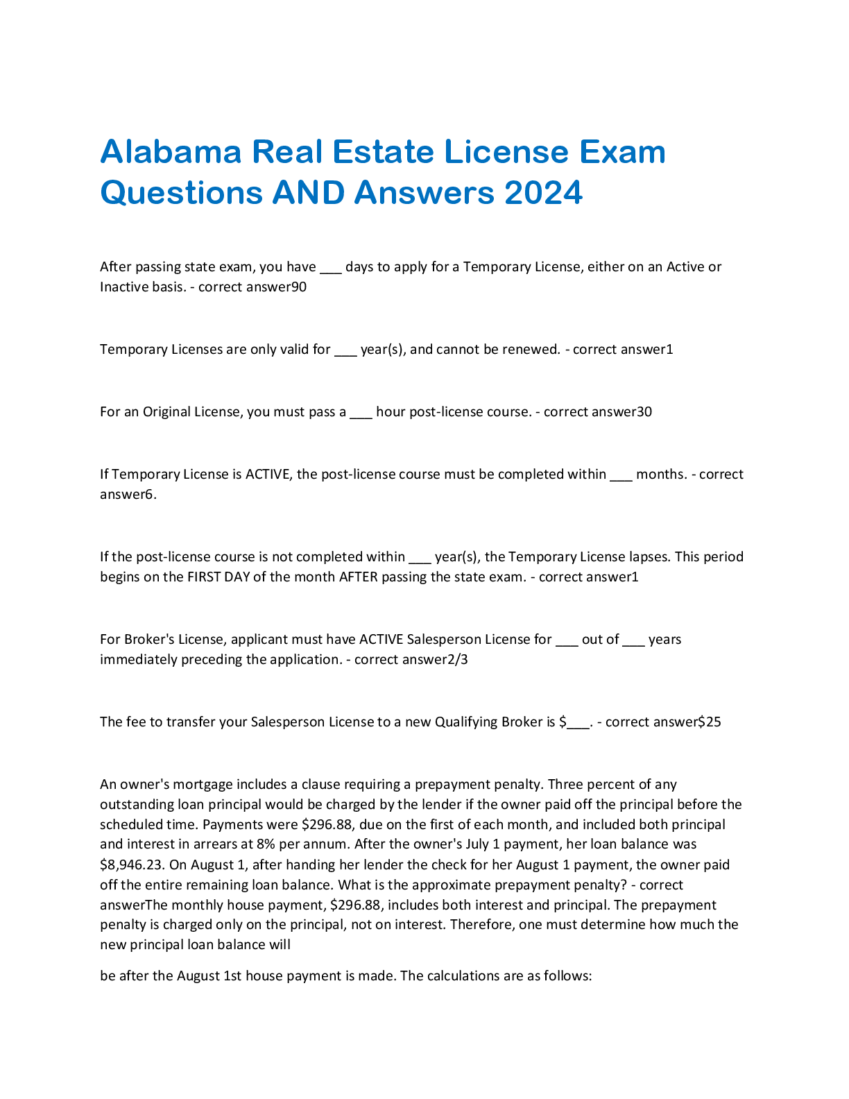 Preview image for Alabama Real Estate License Exam  Questions AND Answers 2024