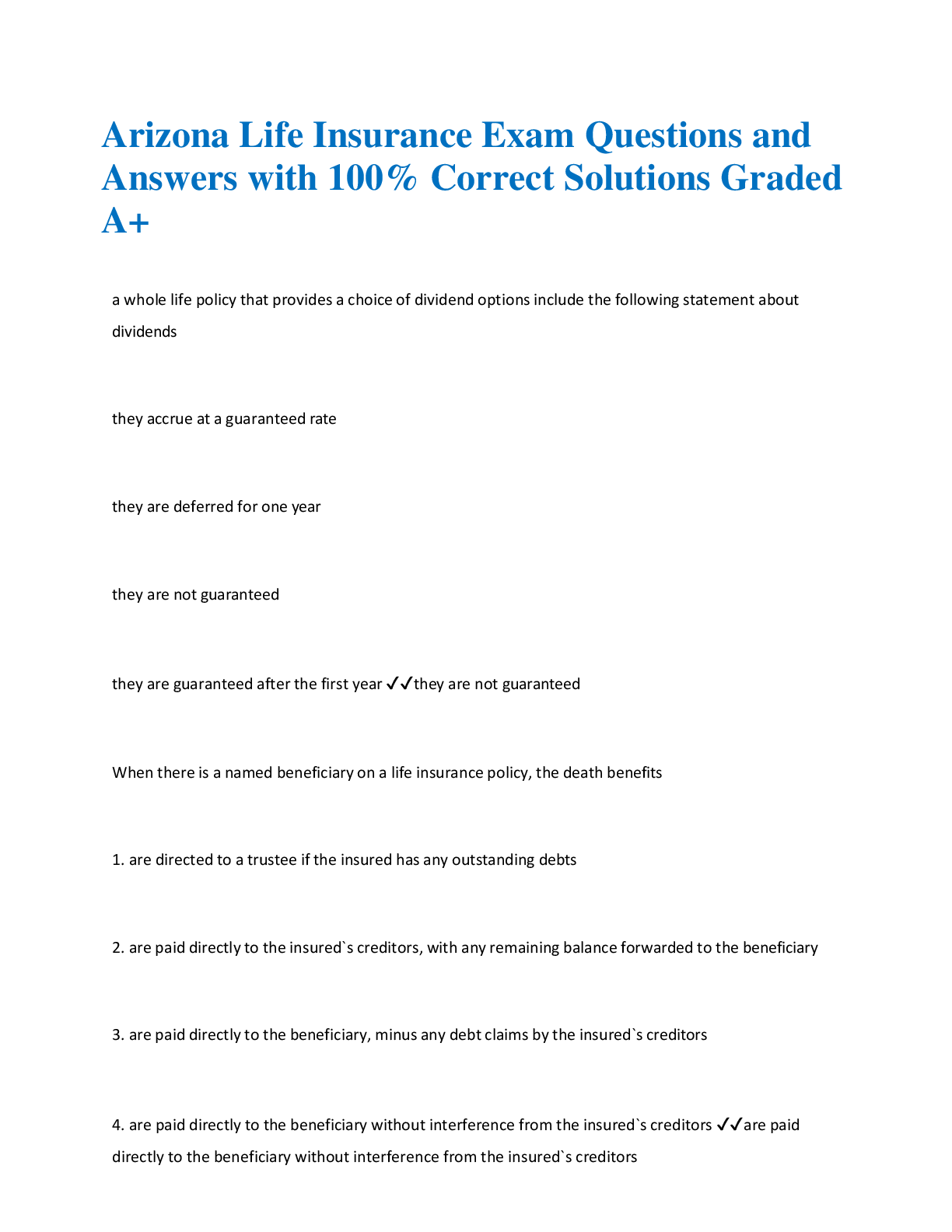 Preview image for Arizona Life Insurance Exam Questions and  Answers with 100% Correct Solutions Graded  A+