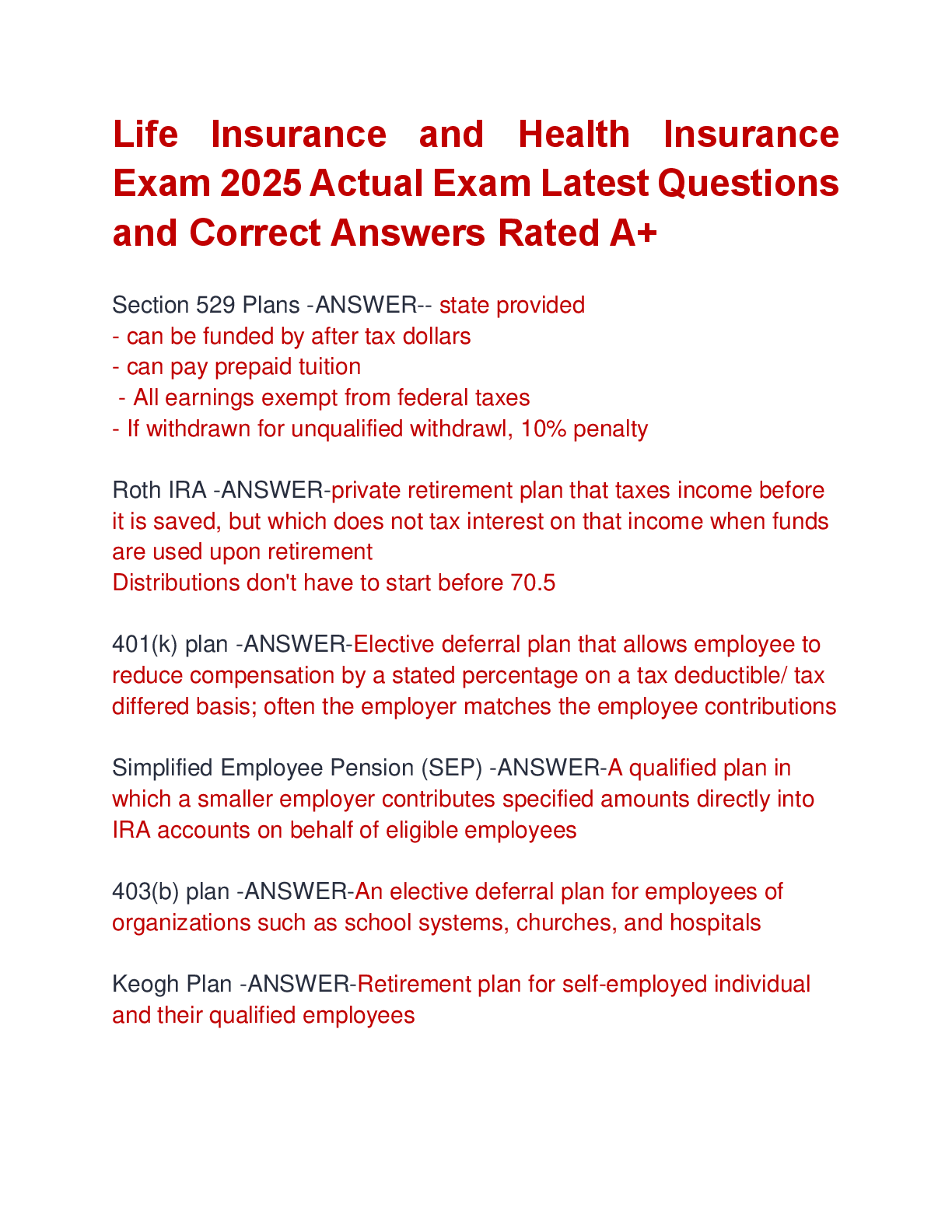 Preview image for Life Insurance and Health Insurance  Exam 2025 Actual Exam Latest Questions  and Correct Answers Rated A+