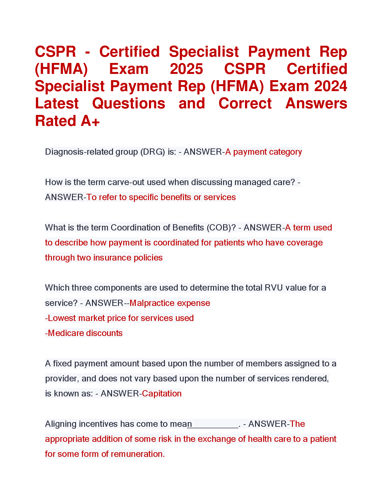 Preview image for CSPR - Certified Specialist Payment Rep  (HFMA) Exam 2025 CSPR Certified  Specialist Payment Rep (HFMA) Exam 2024  Latest Questions and Correct Answers  Rated A+