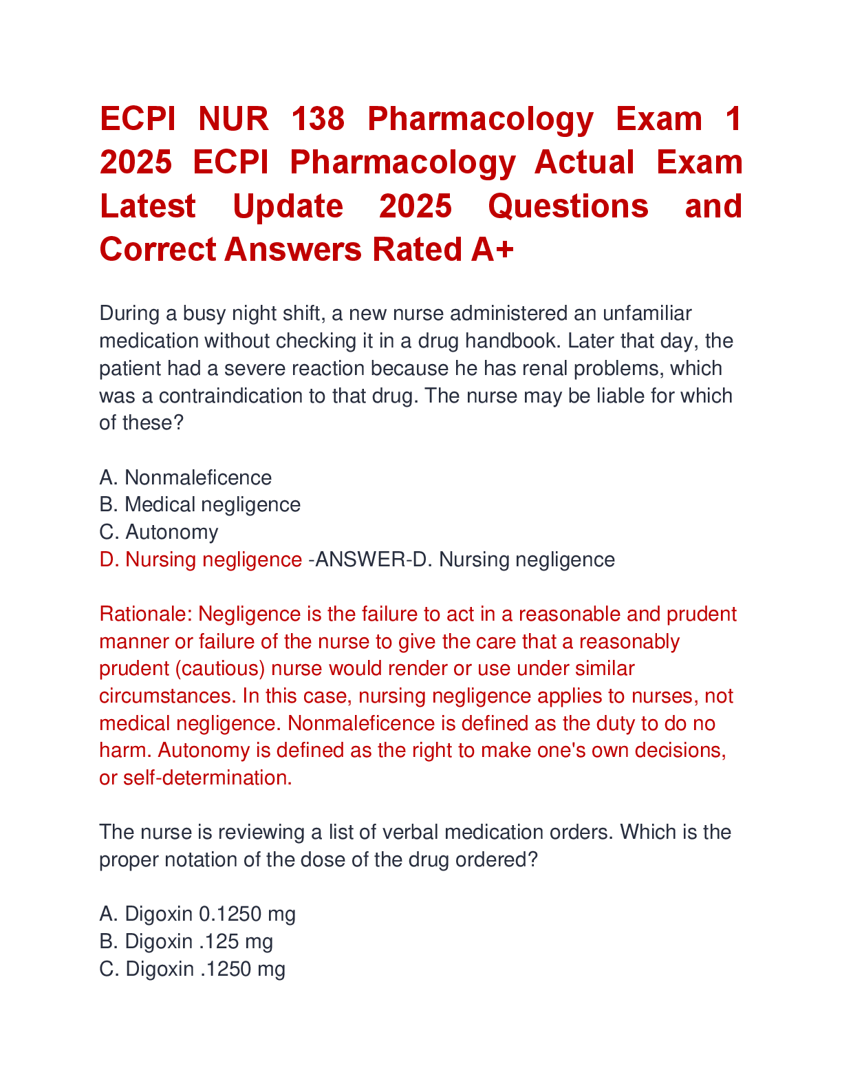 Preview image for ECPI NUR 138 Pharmacology Exam 1  2025 ECPI Pharmacology Actual Exam  Latest Update 2025 Questions and  Correct Answers Rated A+