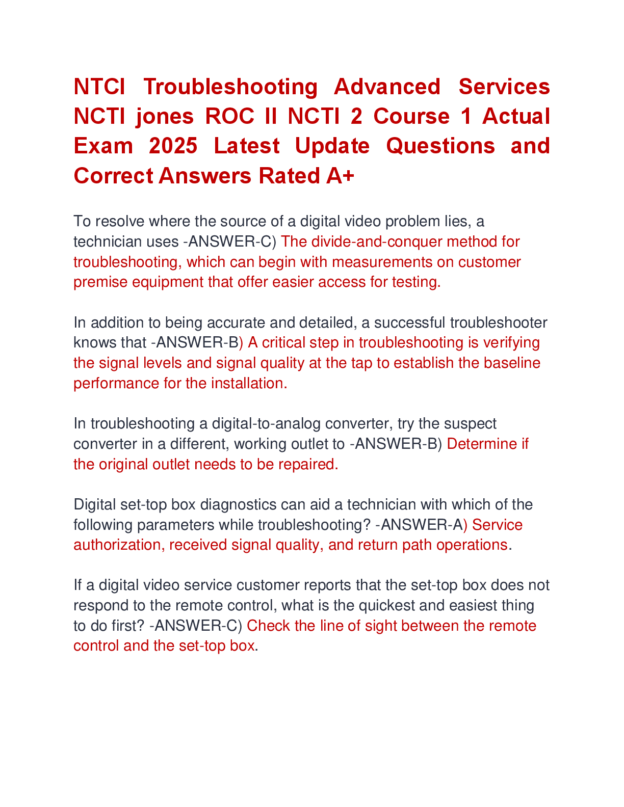 Preview image for NTCI Troubleshooting Advanced Services  NCTI jones ROC II NCTI 2 Course 1 Actual  Exam 2025 Latest Update Questions and  Correct Answers Rated A+