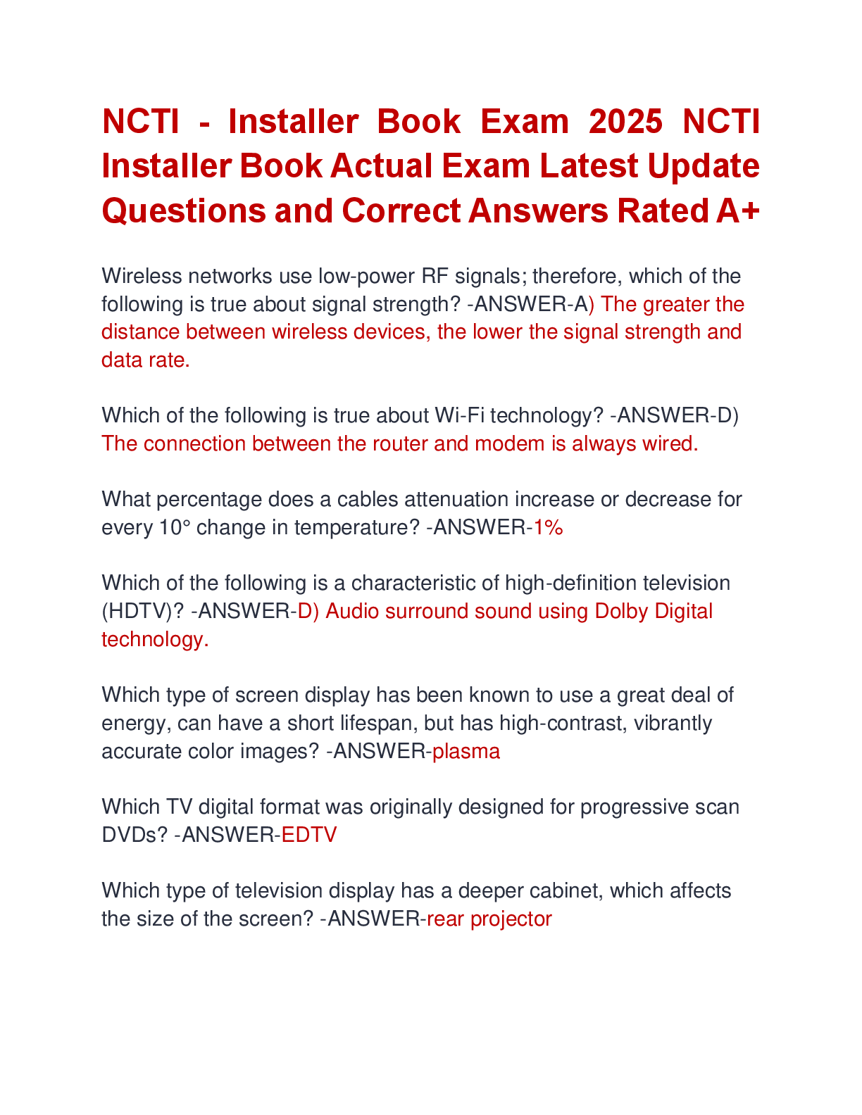 Preview image for NCTI - Installer Book Exam 2025 NCTI  Installer Book Actual Exam Latest Update  Questions and Correct Answers Rated A+