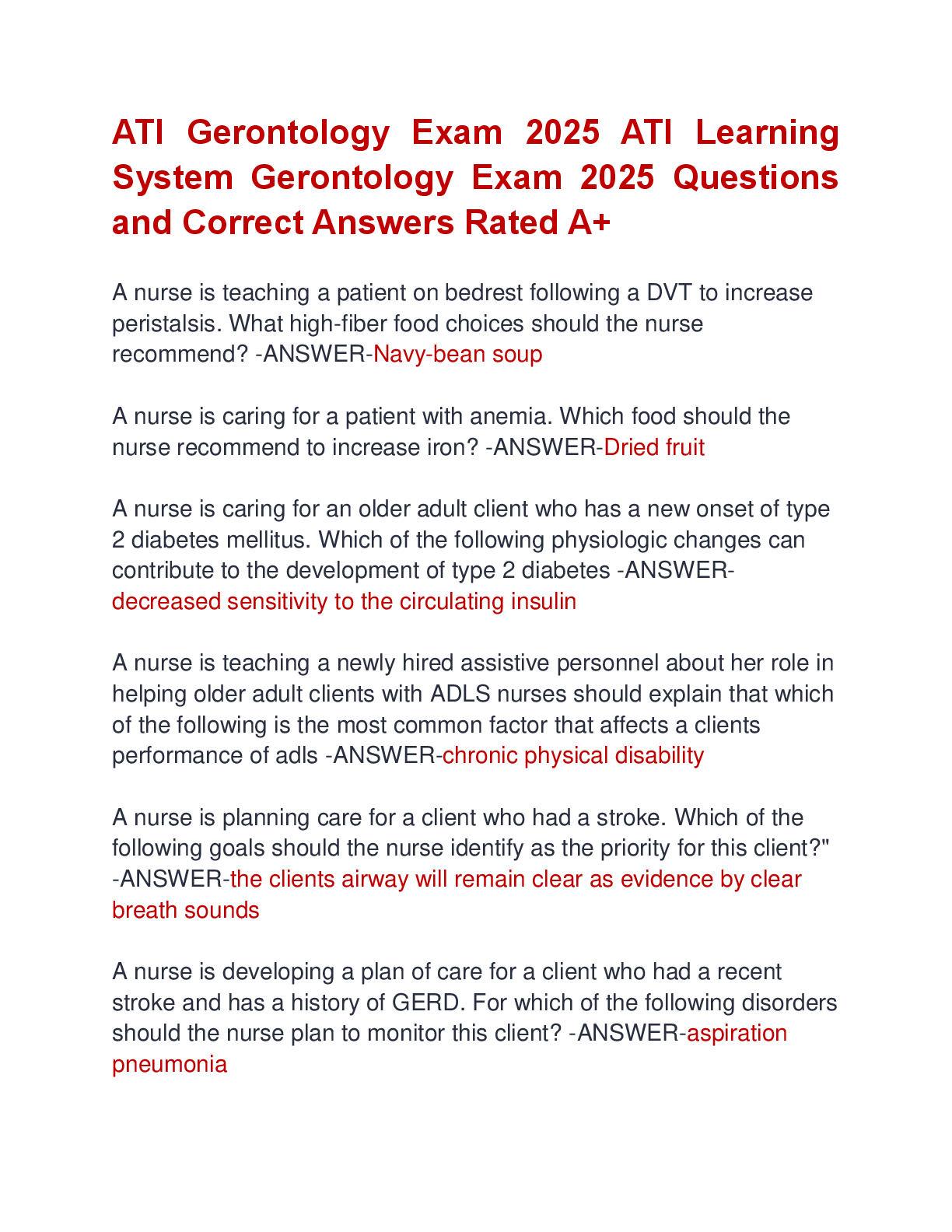 Preview image for ATI Gerontology Exam 2025 ATI Learning  System Gerontology Exam 2025 Questions  and Correct Answers Rated A+