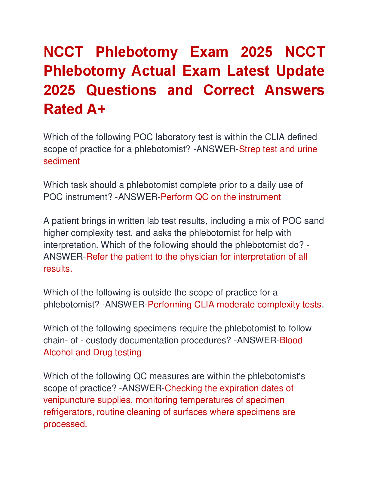 Preview image for NCCT Phlebotomy Exam 2025 NCCT  Phlebotomy Actual Exam Latest Update  2025 Questions and Correct Answers  Rated A+