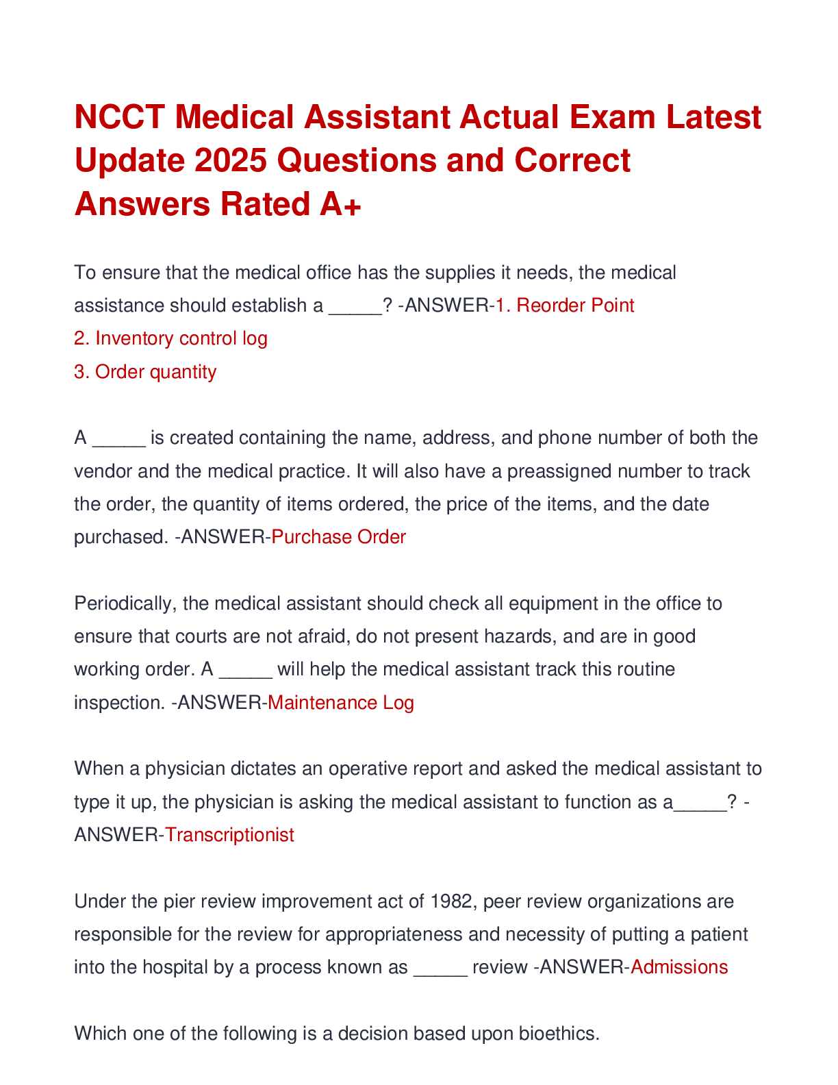Preview image for NCCT Medical Assistant Actual Exam Latest  Update 2025 Questions and Correct  Answers Rated A+