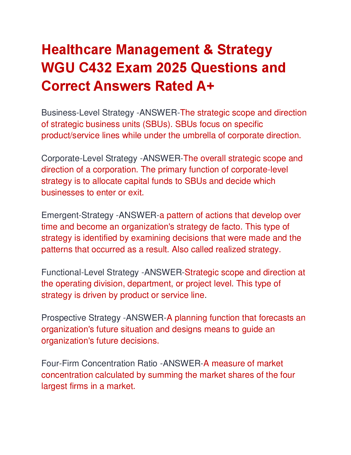 Preview image for Healthcare Management & Strategy  WGU C432 Exam 2025 Questions and  Correct Answers Rated A+
