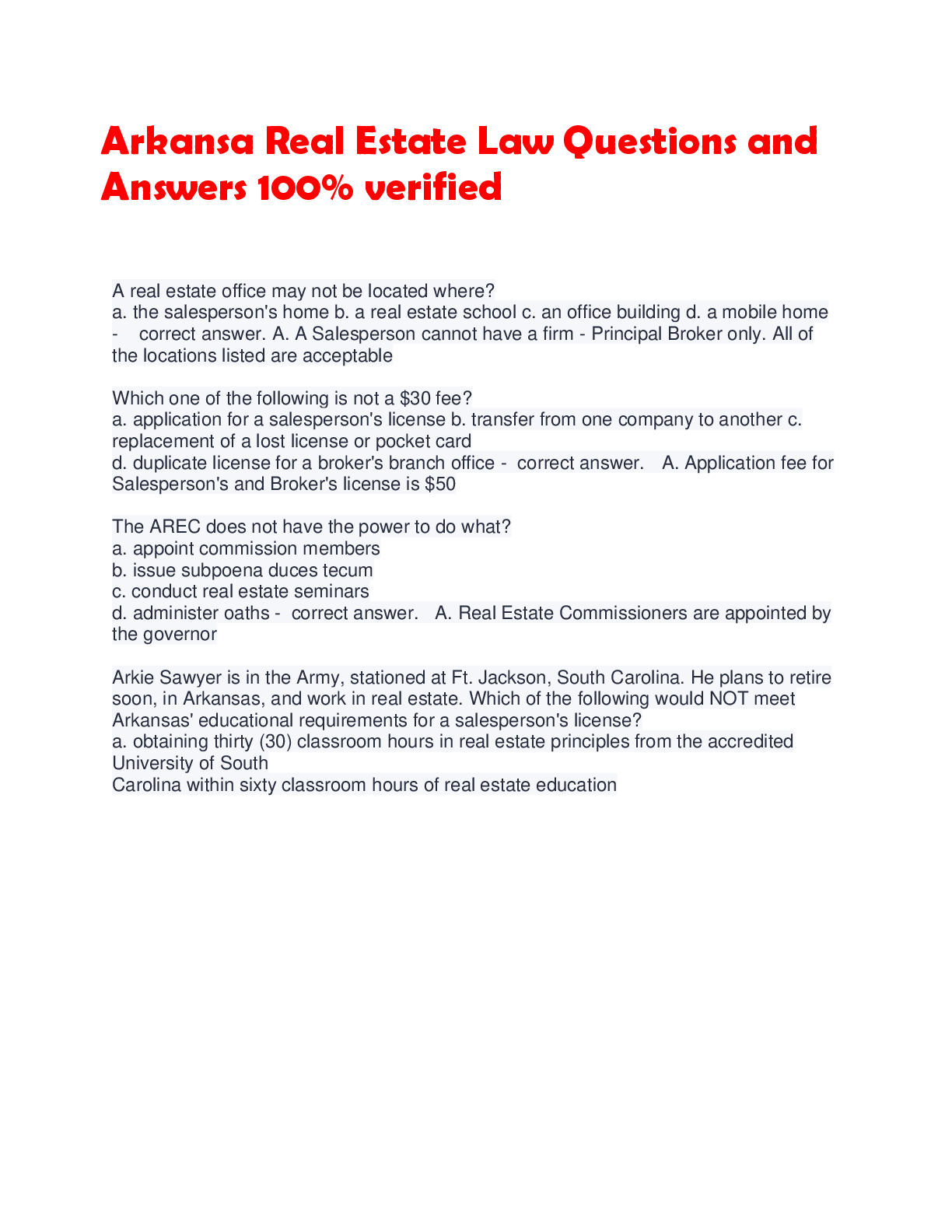 Preview image for Arkansa Real Estate Law Questions and  Answers 100% verified