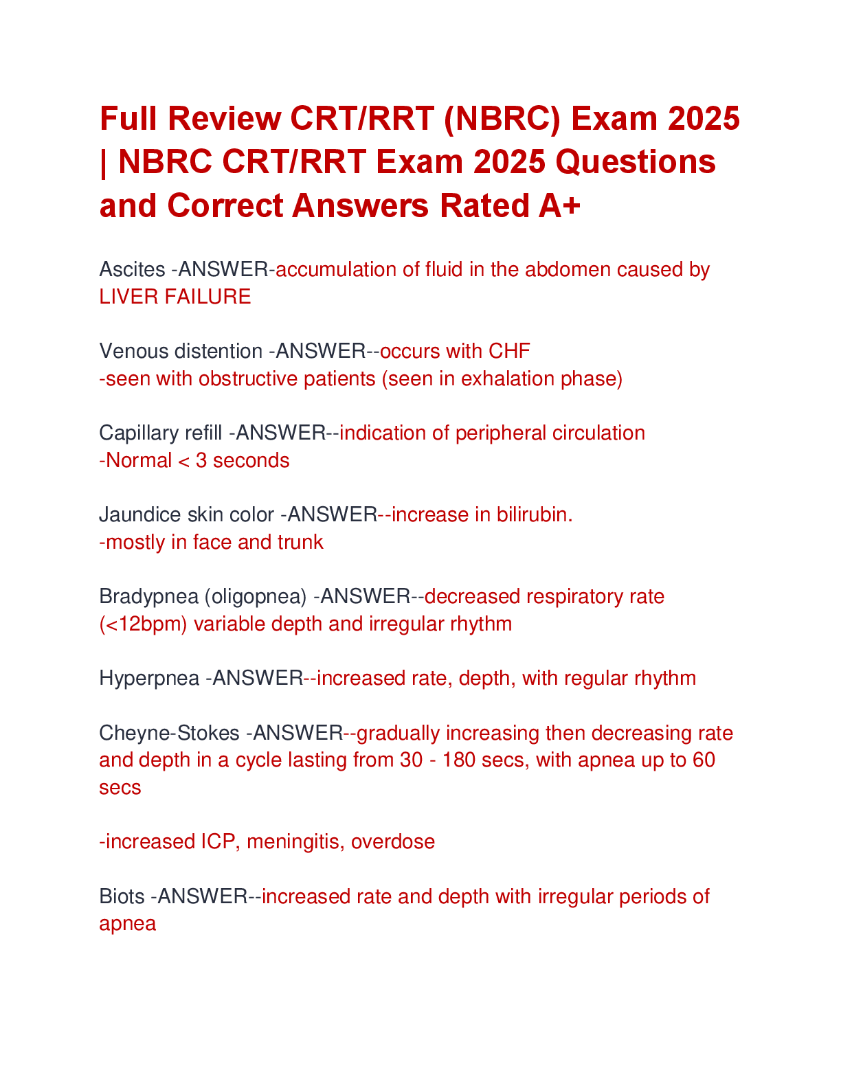 Preview image for Full Review CRT/RRT (NBRC) Exam 2025  | NBRC CRT/RRT Exam 2025 Questions  and Correct Answers Rated A+