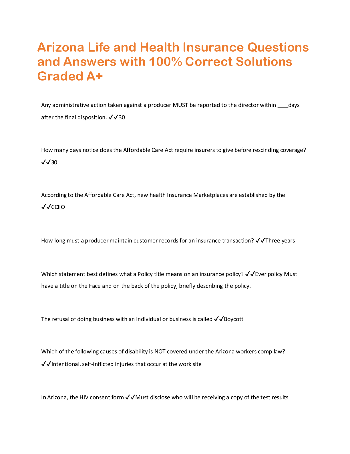 Preview image for Arizona Life and Health Insurance Questions  and Answers with 100% Correct Solutions  Graded A+