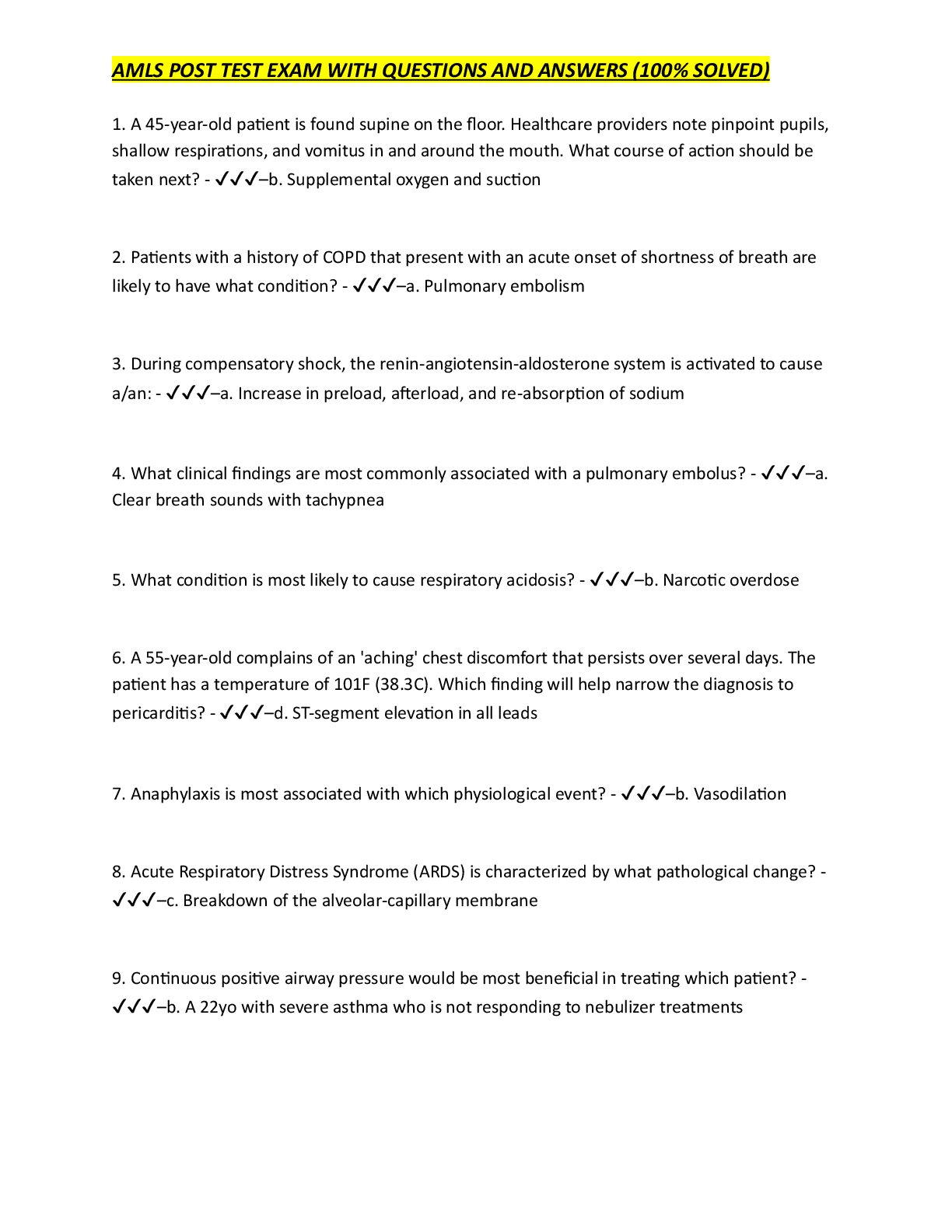 Preview image for AMLS POST TEST EXAM WITH QUESTIONS AND ANSWERS (100% SOLVED)