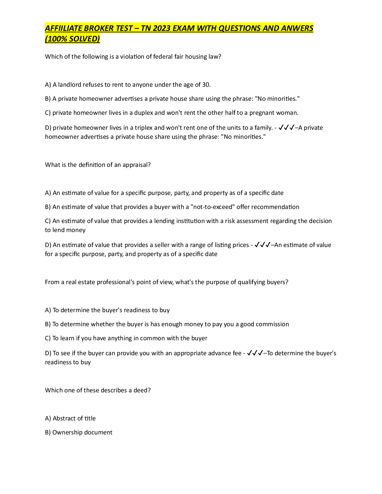 Preview image for AFFIILIATE BROKER TEST – TN 2023 EXAM WITH QUESTIONS AND ANWERS (100% SOLVED)