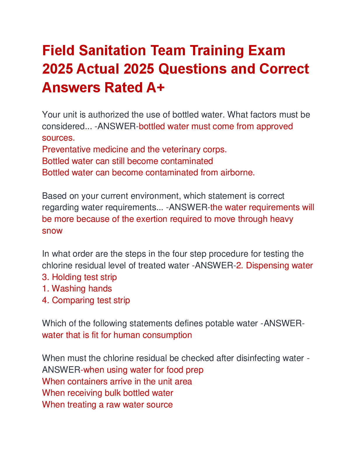 Preview image for Field Sanitation Team Training Exam  2025 Actual 2025 Questions and Correct  Answers Rated A+