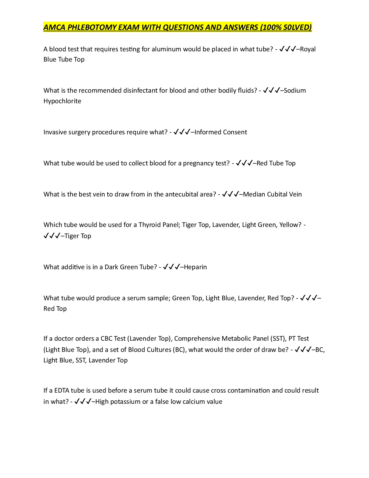 Preview image for AMCA PHLEBOTOMY EXAM WITH QUESTIONS AND ANSWERS (100% S0LVED)