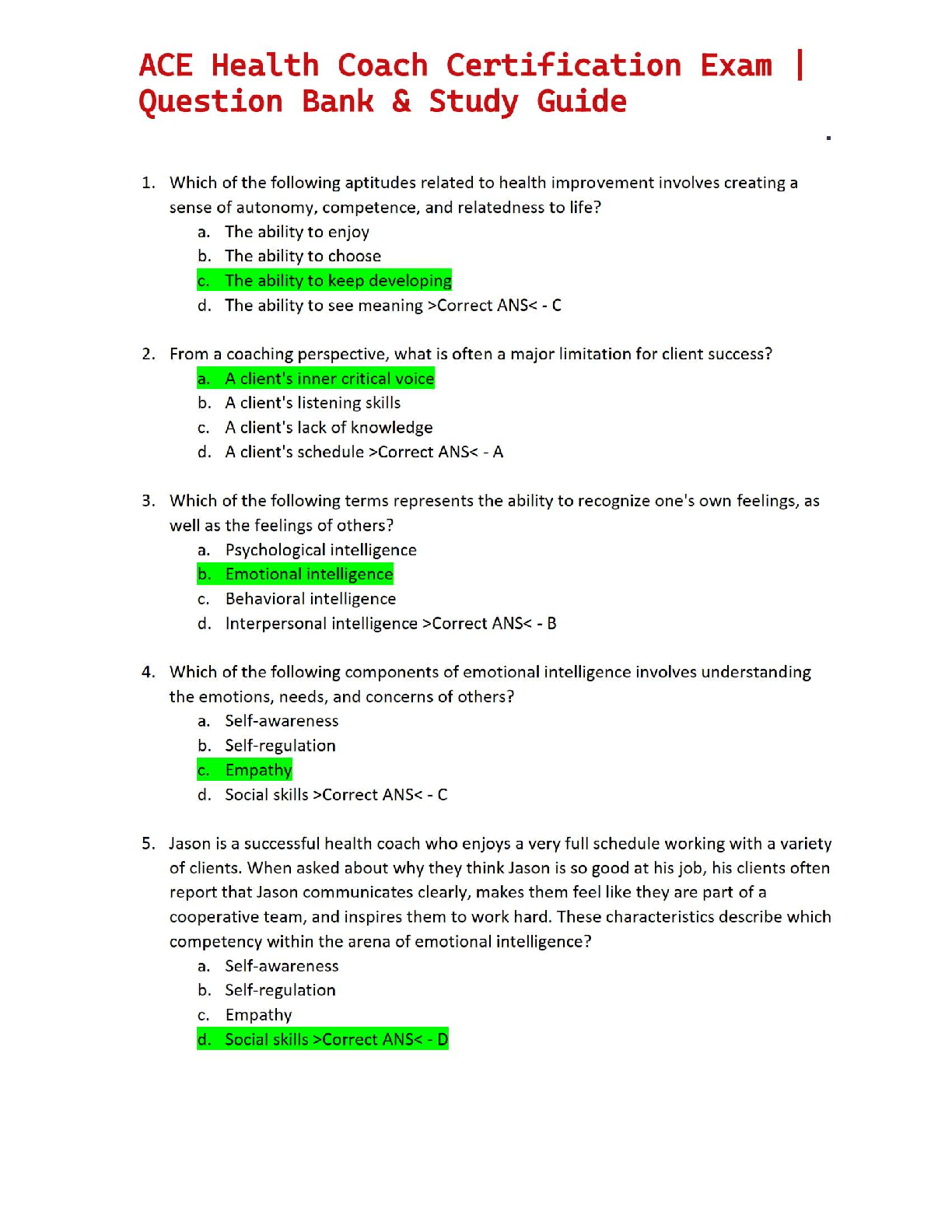 Preview of ACE Health Coach Certification Exam | Question Bank & Study Guide