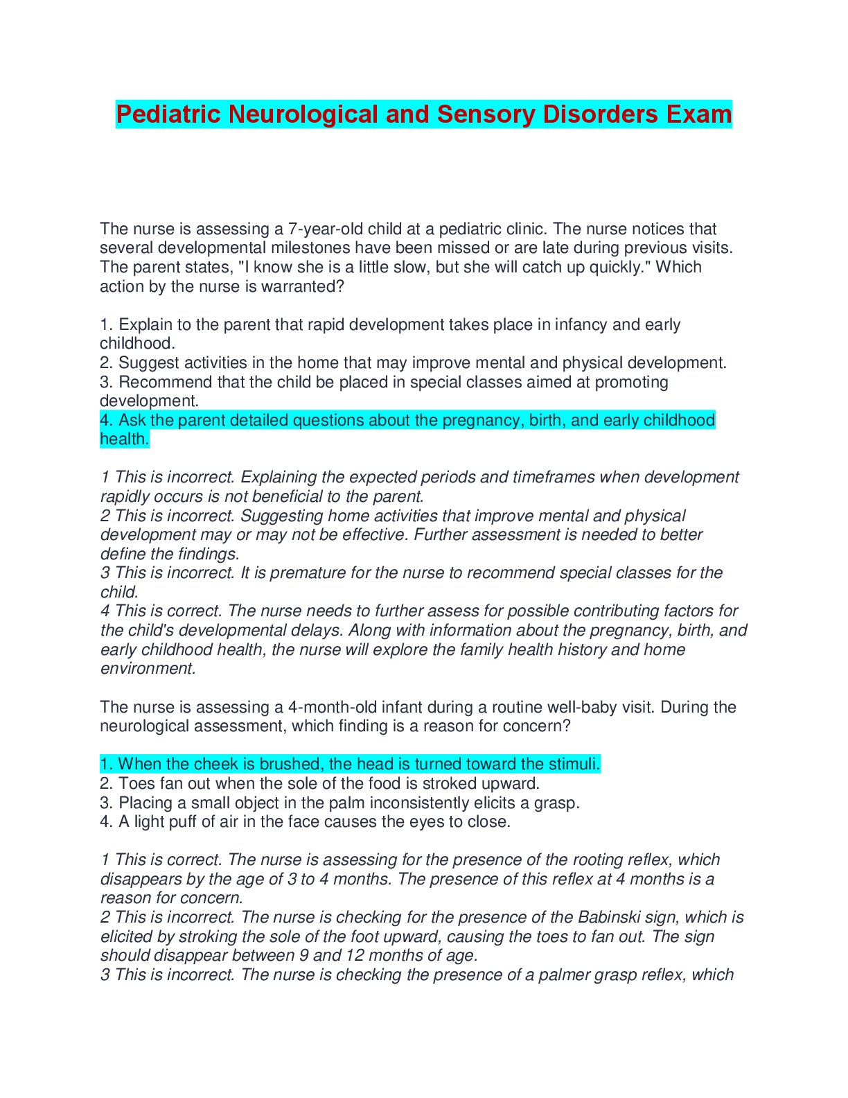 Preview image for Pediatric Neurological and Sensory Disorders Exam | Answered with Rationales