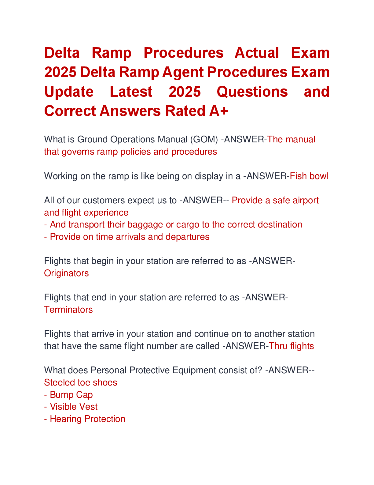 Preview image for Delta Ramp Procedures Actual Exam  2025 Delta Ramp Agent Procedures Exam  Update Latest 2025 Questions and  Correct Answers Rated A+