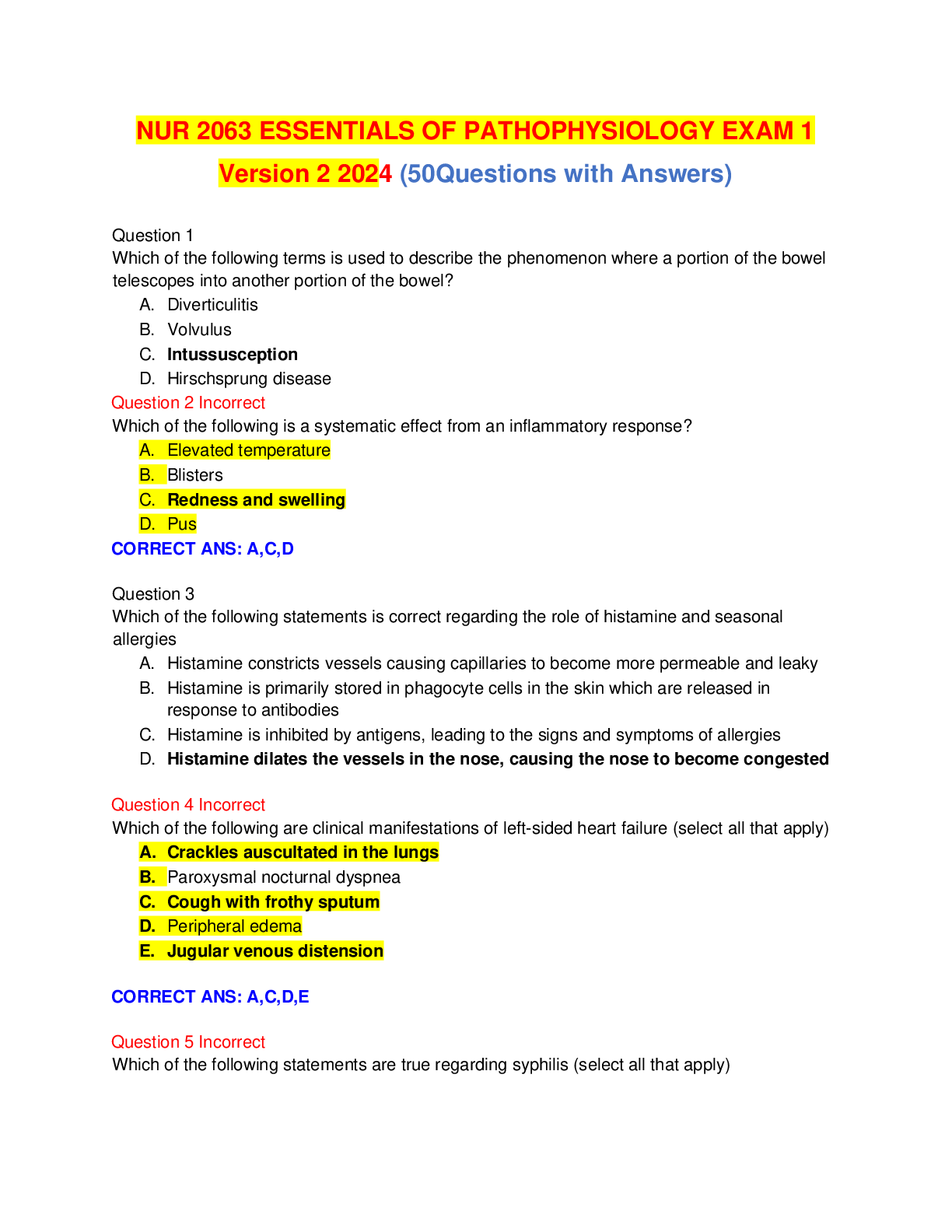 Preview image for NUR 2063 ESSENTIALS OF PATHOPHYSIOLOGY EXAM 1 Version 2 2024 (50Questions with Answers)