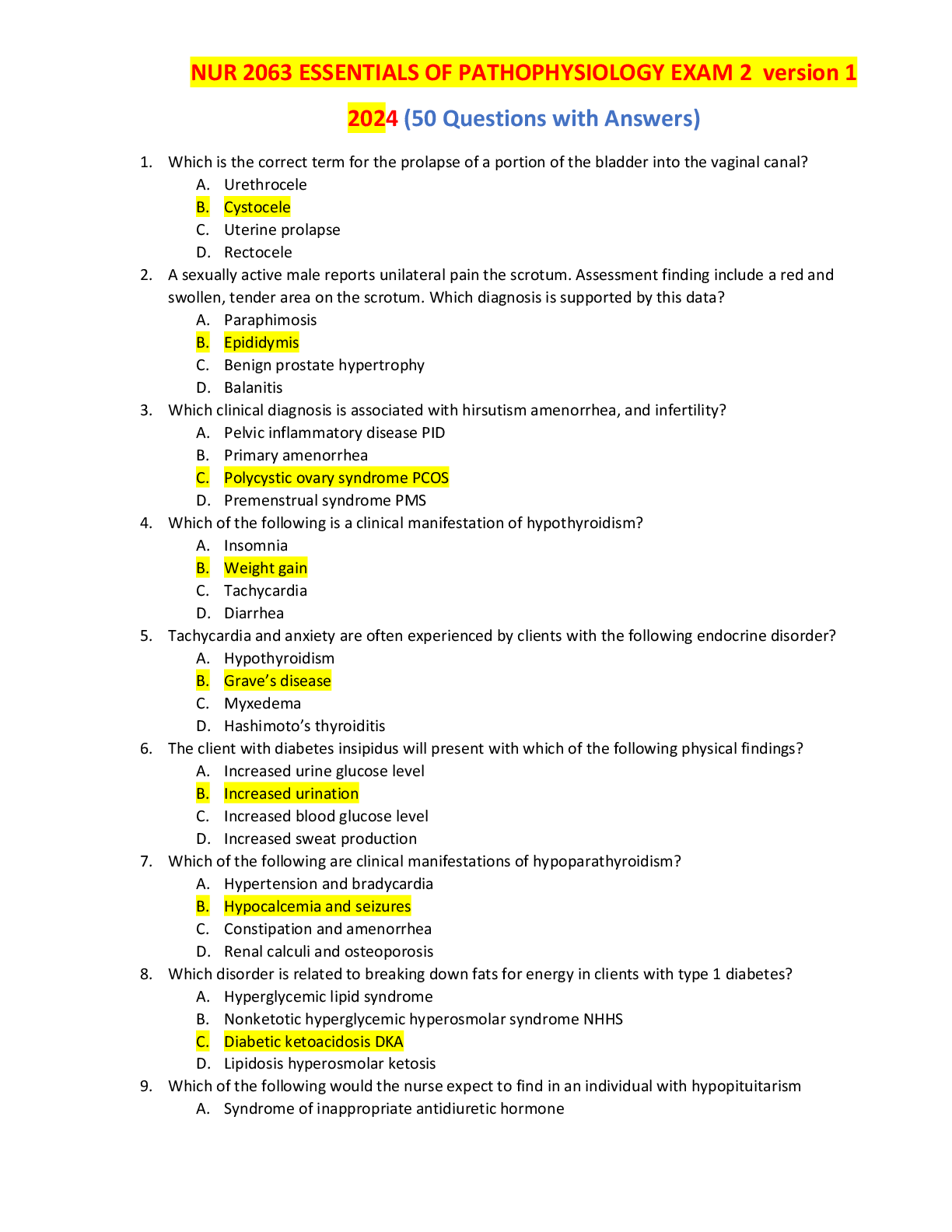 Preview image for NUR 2063 ESSENTIALS OF PATHOPHYSIOLOGY EXAM 2  version 1 2024 (50 Questions with Answers)