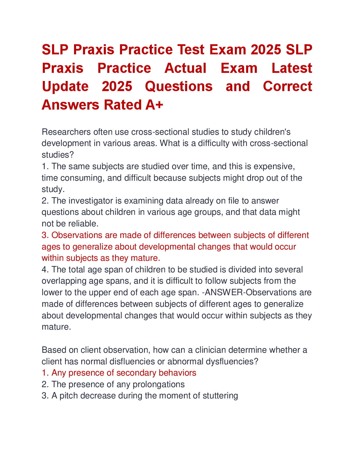 SLP Praxis Practice Test Exam 2025 SLP  Praxis Practice Actual Exam Latest  Update 2025 Questions and Correct  Answers Rated A+