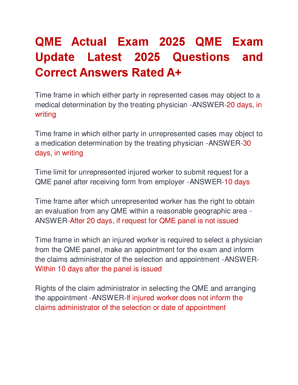 Preview image for QME Actual Exam 2025 QME Exam  Update Latest 2025 Questions and  Correct Answers Rated A+