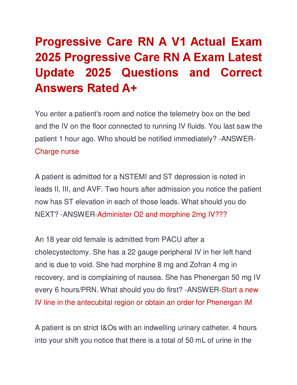 Preview image for Progressive Care RN A V1 Actual Exam  2025 Progressive Care RN A Exam Latest  Update 2025 Questions and Correct  Answers Rated A+