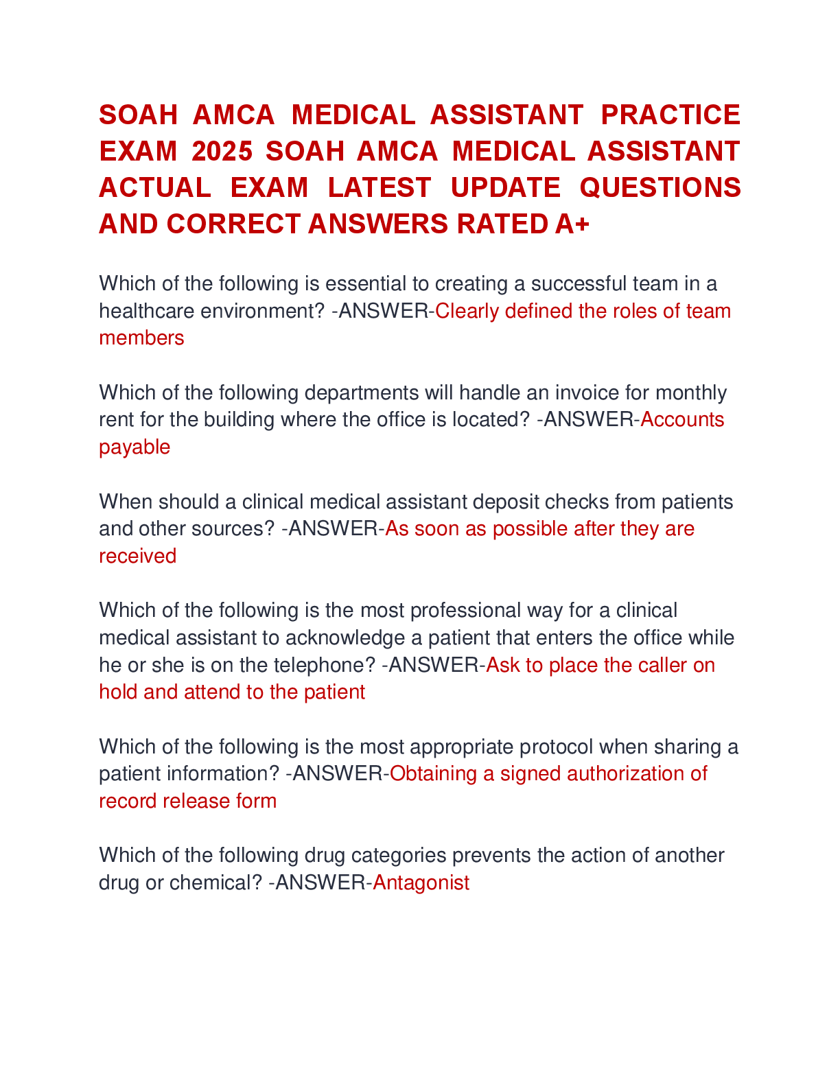 Preview of SOAH AMCA MEDICAL ASSISTANT PRACTICE  EXAM 2025 SOAH AMCA MEDICAL ASSISTANT  ACTUAL EXAM L