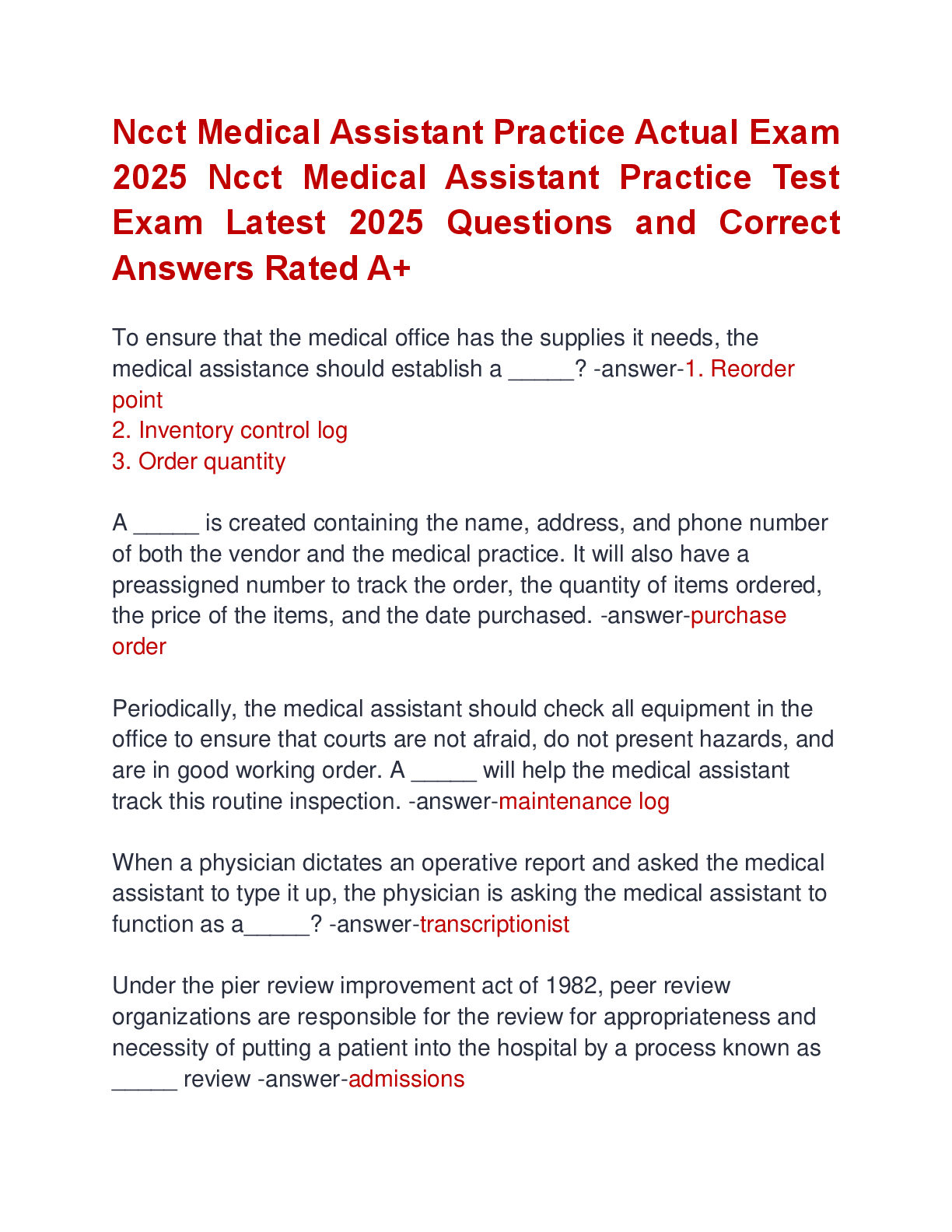 Preview of Ncct Medical Assistant Practice Actual Exam  2025 Ncct Medical Assistant Practice Test  Ex