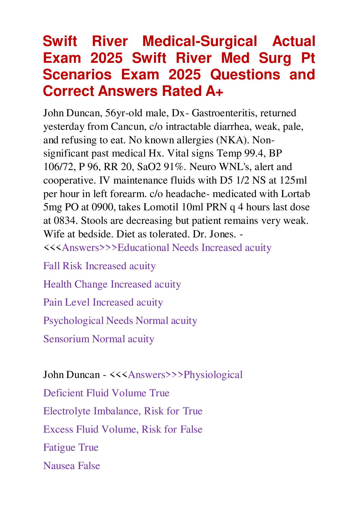 Preview image for Swift River Medical-Surgical Actual  Exam 2025 Swift River Med Surg Pt  Scenarios Exam 2025 Questions and  Correct Answers Rated A+