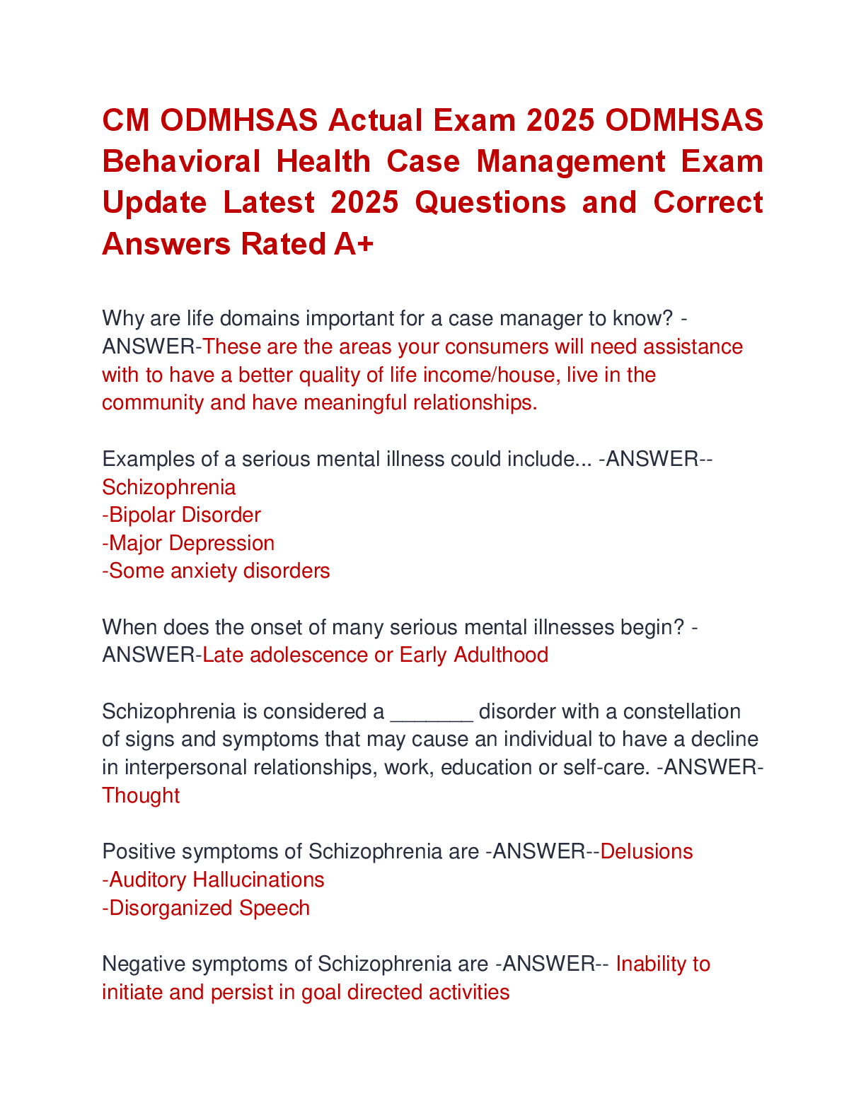 Preview image for CM ODMHSAS Actual Exam 2025 ODMHSAS  Behavioral Health Case Management Exam  Update Latest 2025 Questions and Correct  Answers Rated A+