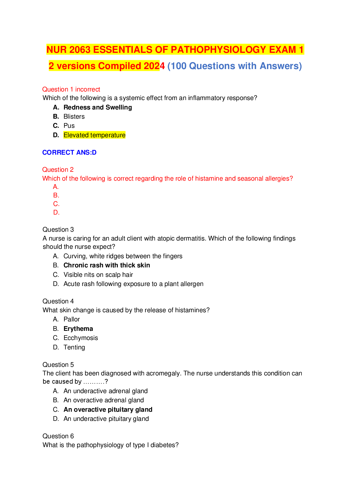Preview image for NUR 2063 ESSENTIALS OF PATHOPHYSIOLOGY EXAM 1 2 versions Compiled 2024 (100 Questions with Answers)