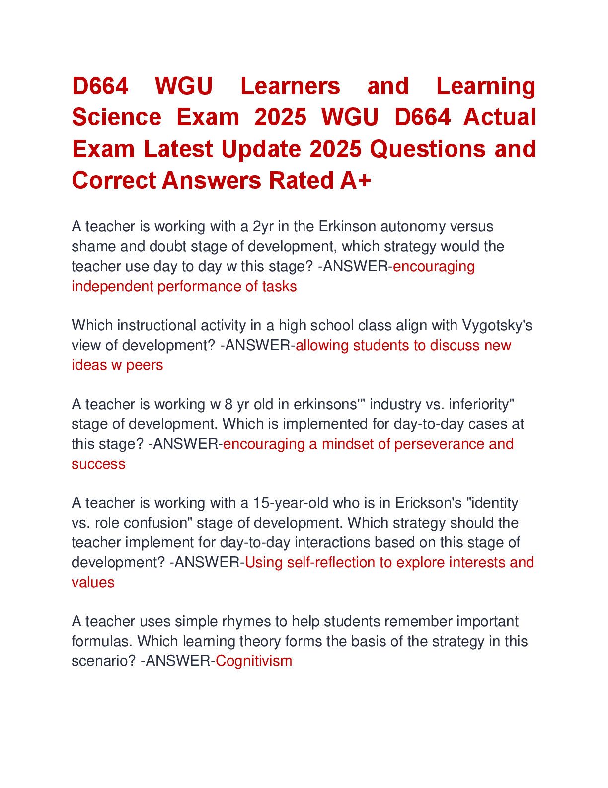 Recommended document preview for D664 WGU Learners and Learning  Science Exam 2025 WGU D664 Actual  Exam Latest Update 2025 Questions and  Correct Answers Rated A+