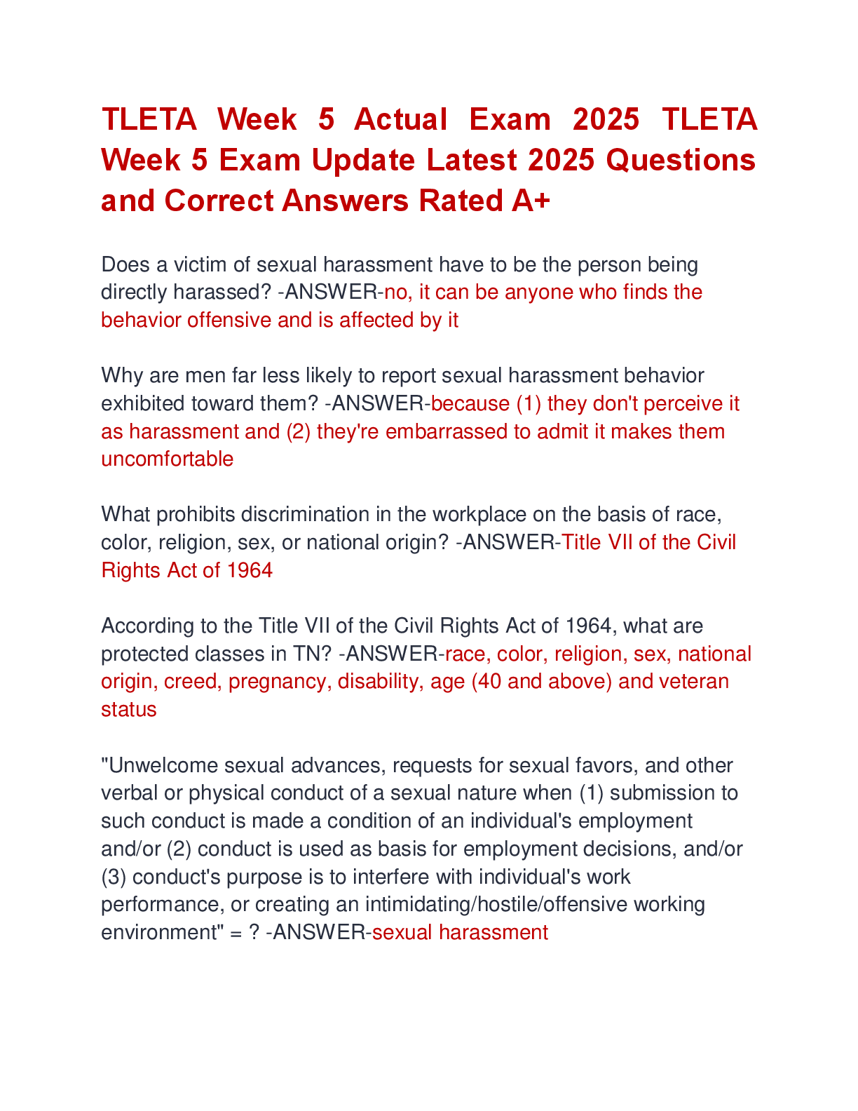 Preview image for TLETA Week 5 Actual Exam 2025 TLETA  Week 5 Exam Update Latest 2025 Questions  and Correct Answers Rated A+