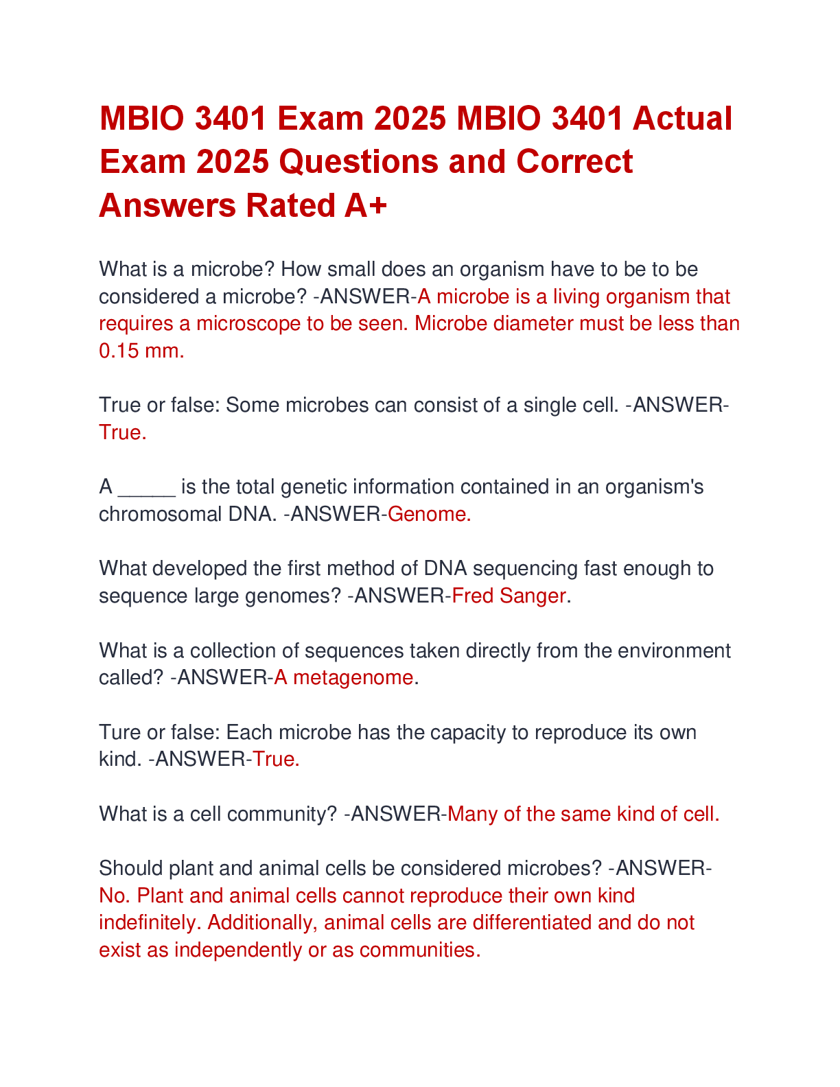 Preview of MBIO 3401 Exam 2025 MBIO 3401 Actual  Exam 2025 Questions and Correct  Answers Rated A+