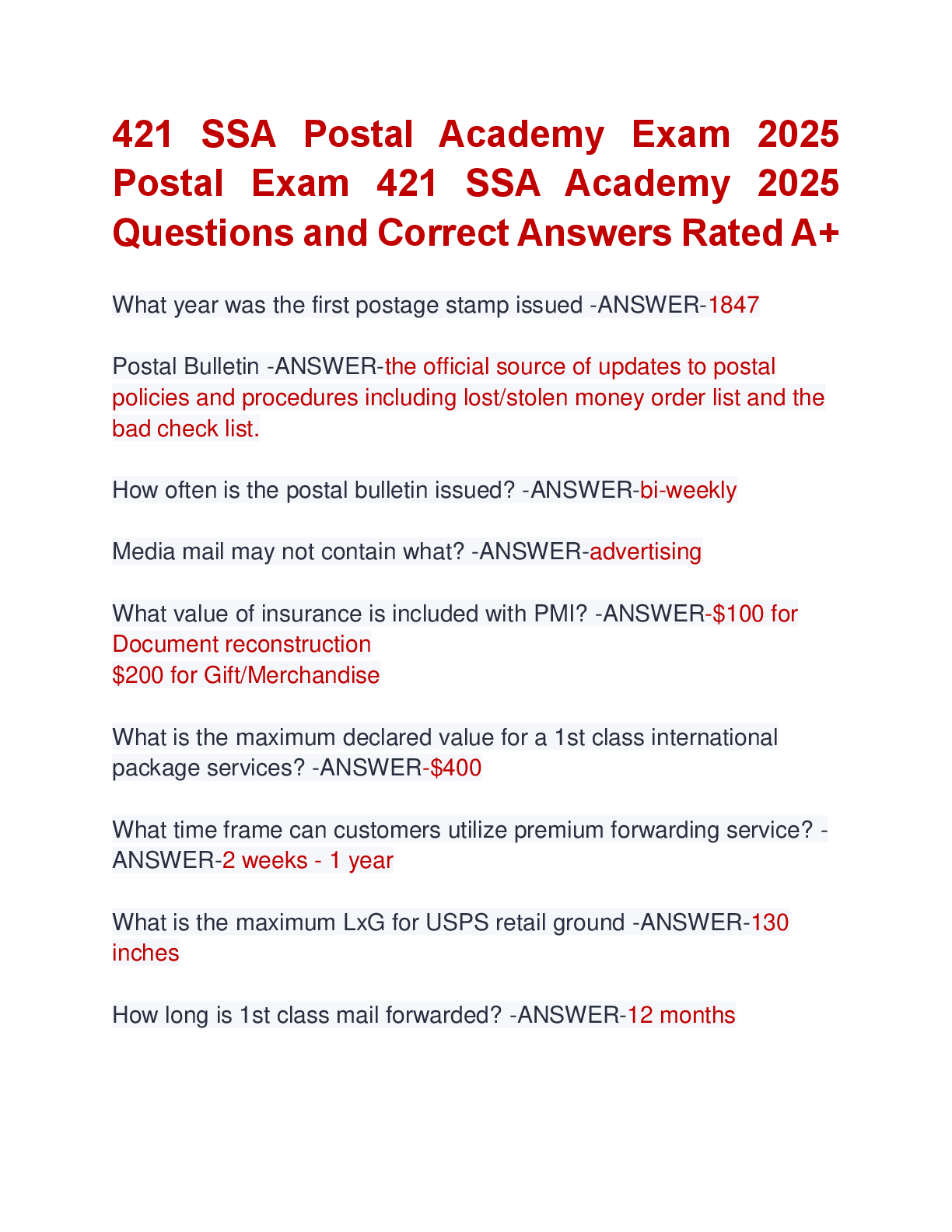 Preview of 421 SSA Postal Academy Exam 2025  Postal Exam 421 SSA Academy 2025  Questions and Correct