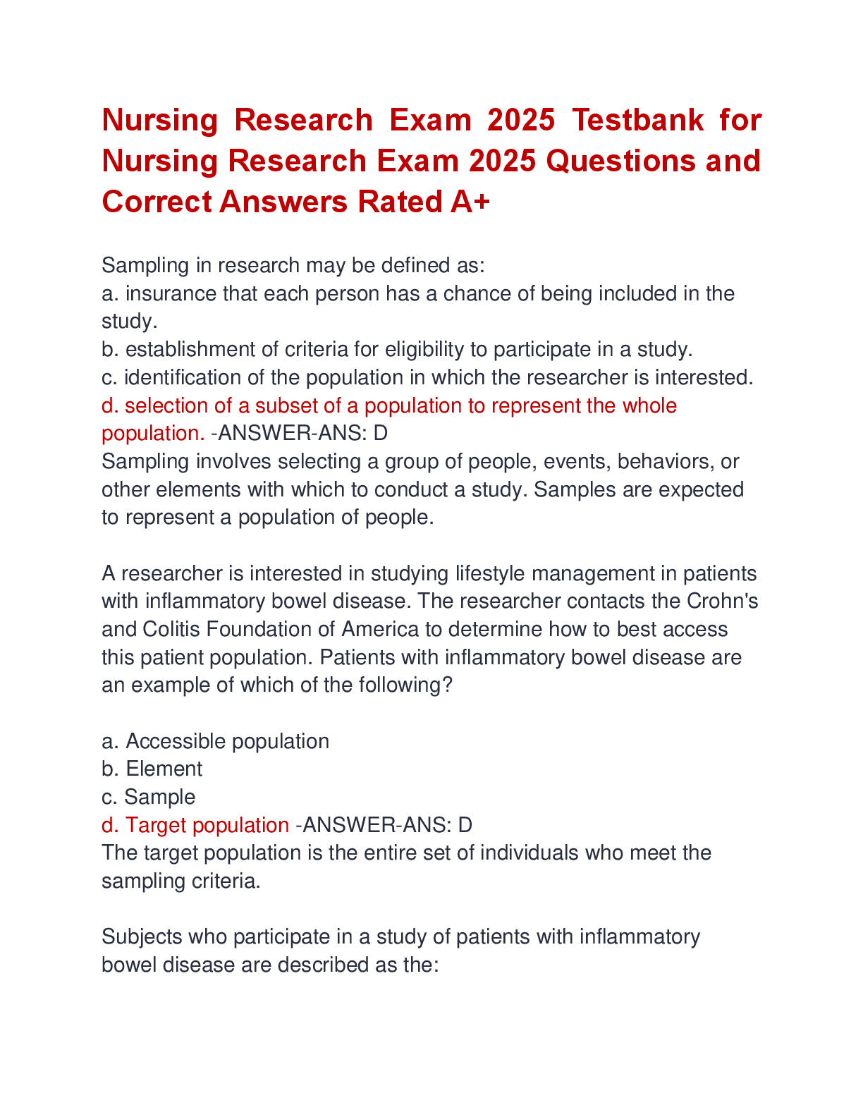 Preview image for Nursing Research Exam 2025 Testbank for  Nursing Research Exam 2025 Questions and  Correct Answers Rated A+