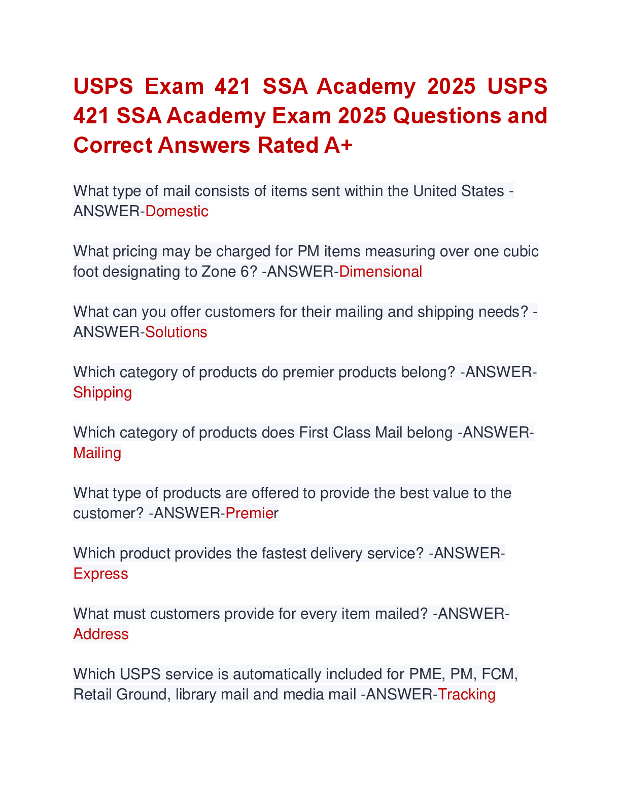 Preview of USPS Exam 421 SSA Academy 2025 USPS  421 SSA Academy Exam 2025 Questions and  Correct Answ