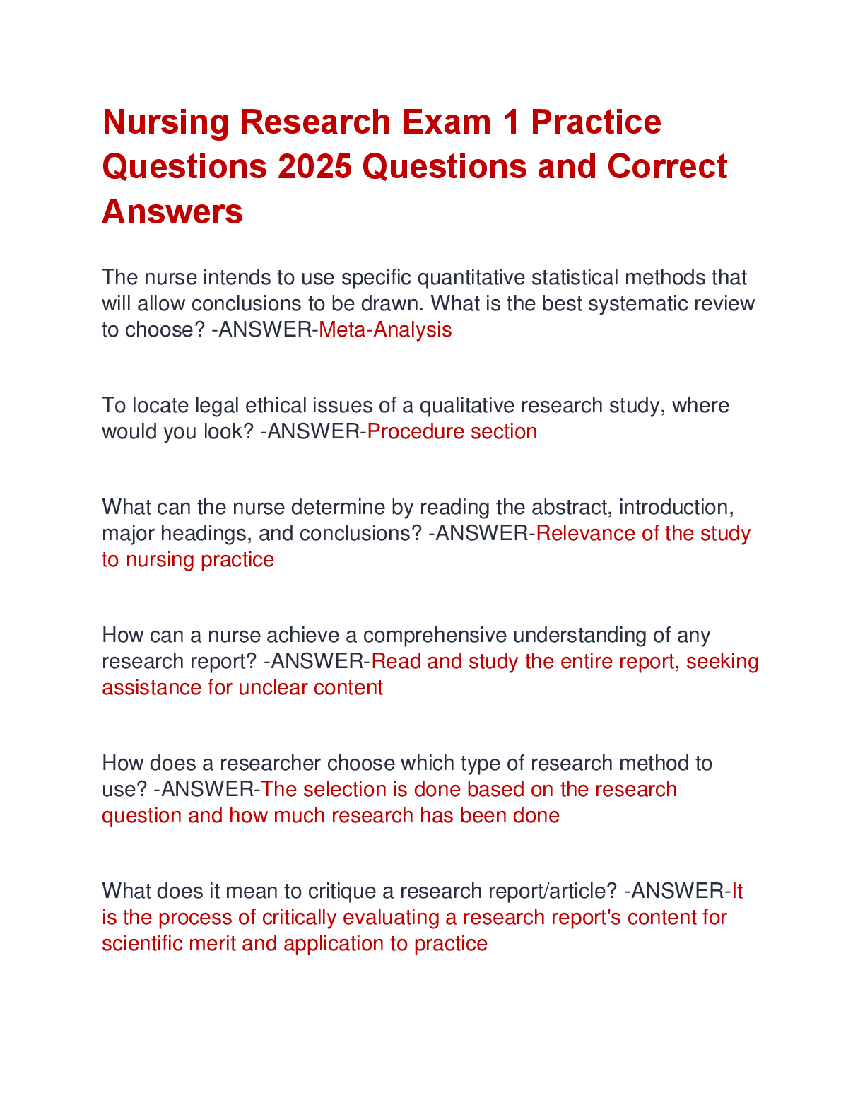 Preview image for Nursing Research Exam 1 Practice  Questions 2025 Questions and Correct  Answers