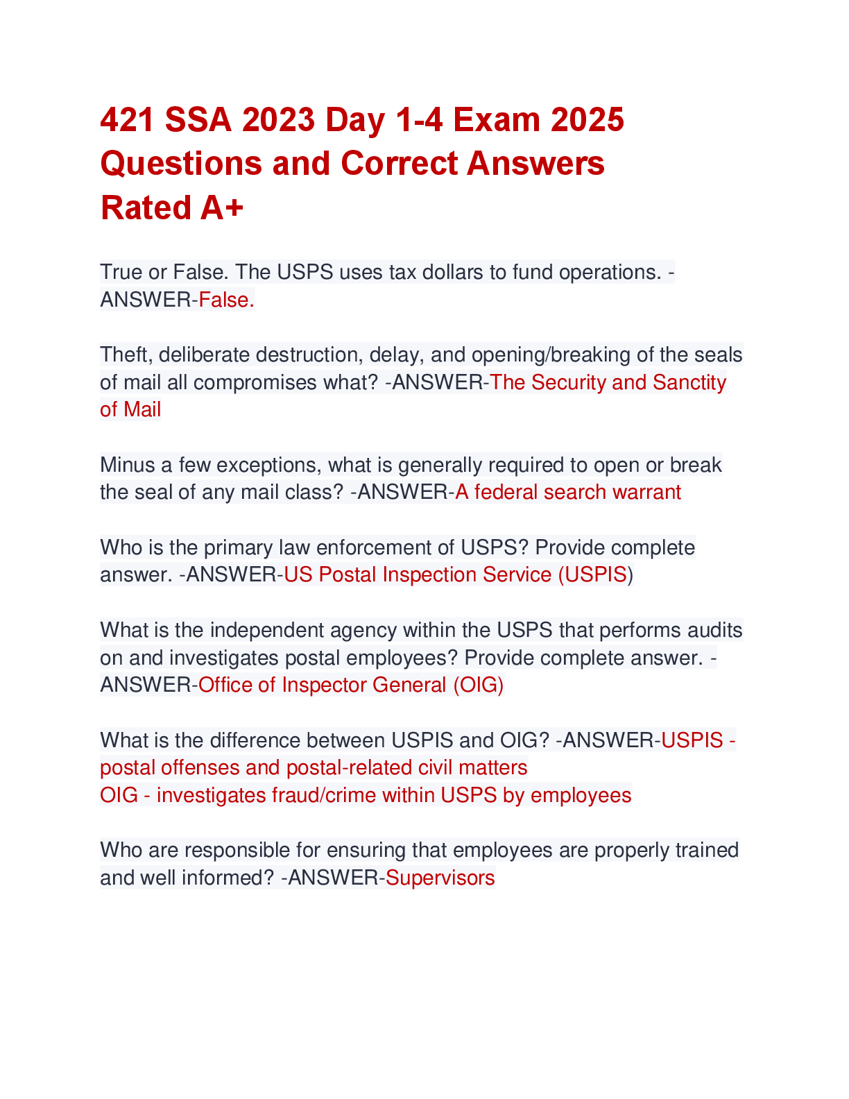Preview of 421 SSA 2023 Day 1-4 Exam 2025  Questions and Correct Answers  Rated A+