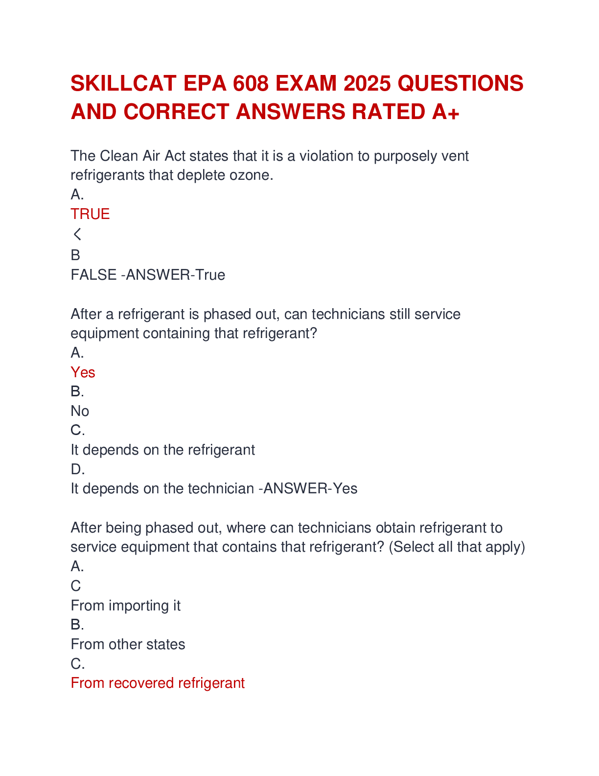 Preview image for SKILLCAT EPA 608 EXAM 2025 QUESTIONS  AND CORRECT ANSWERS RATED A+