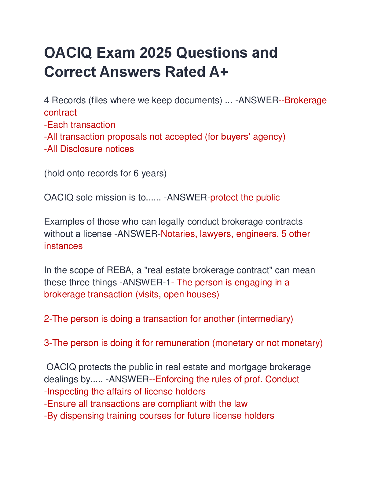 Preview image for OACIQ Exam 2025 Questions and  Correct Answers Rated A+