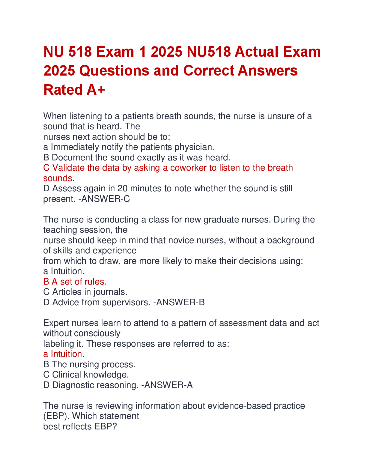 Preview of NU 518 Exam 1 2025 NU518 Actual Exam  2025 Questions and Correct Answers  Rated A+