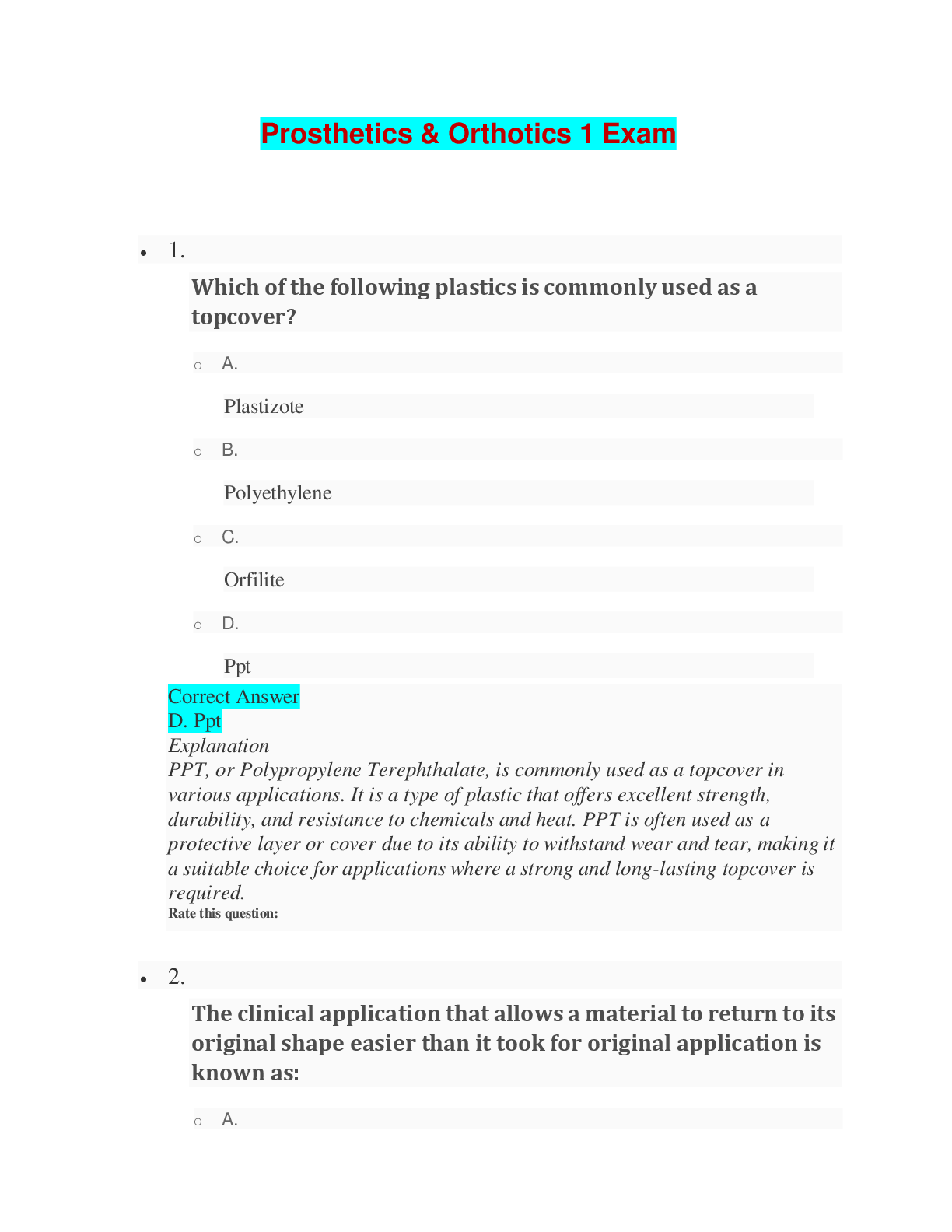 Preview image for Prosthetics & Orthotics 1 Exam | Questions, Answers and Explanations (100% Correct)