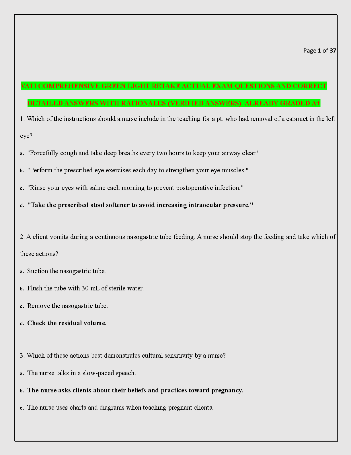 Preview image for VATI COMPREHENSIVE GREEN LIGHT RETAKE ACTUAL EXAM QUESTIONS AND CORRECT DETAILED ANSWERS