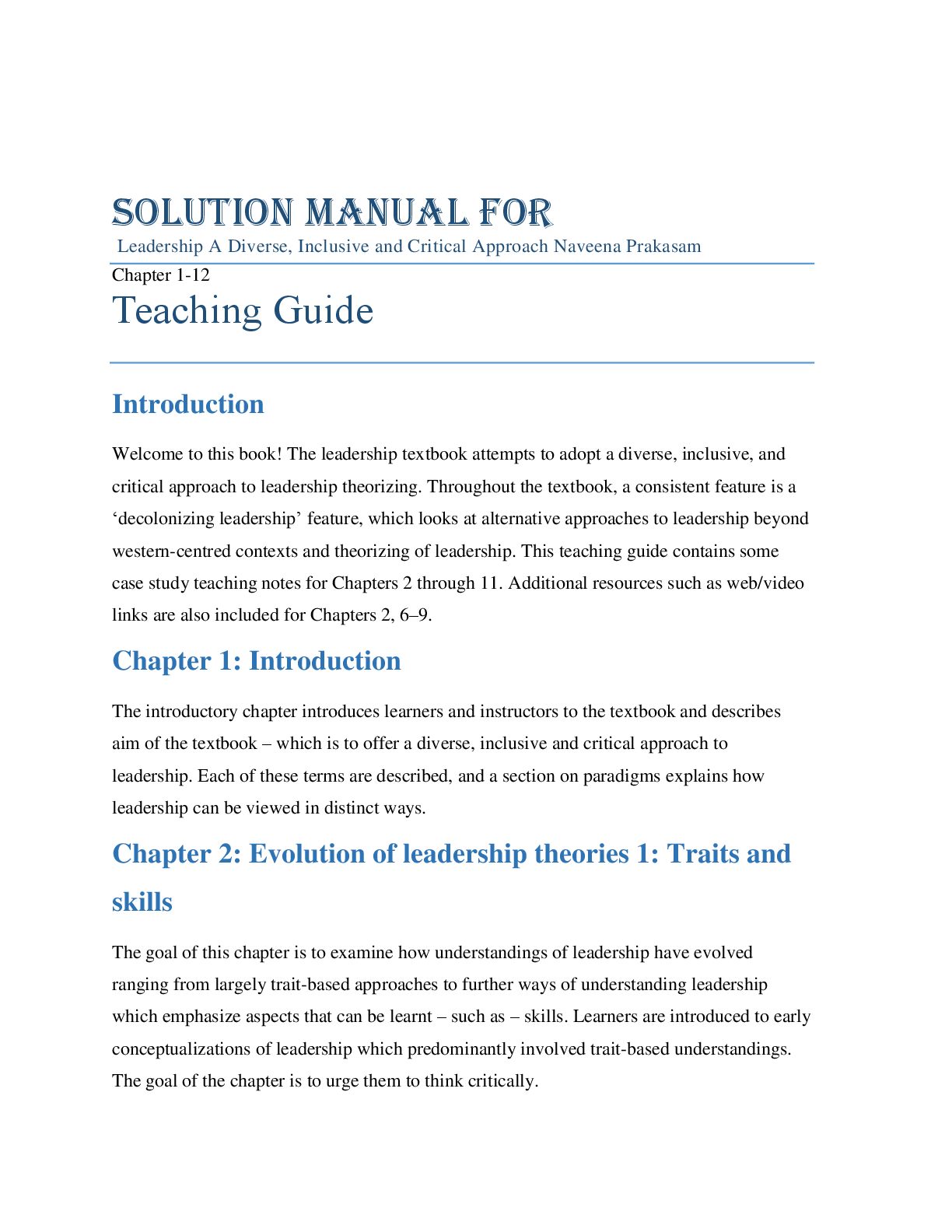 Preview image for Solution Manual For  Leadership A Diverse, Inclusive and Critical Approach Naveena Prakasam