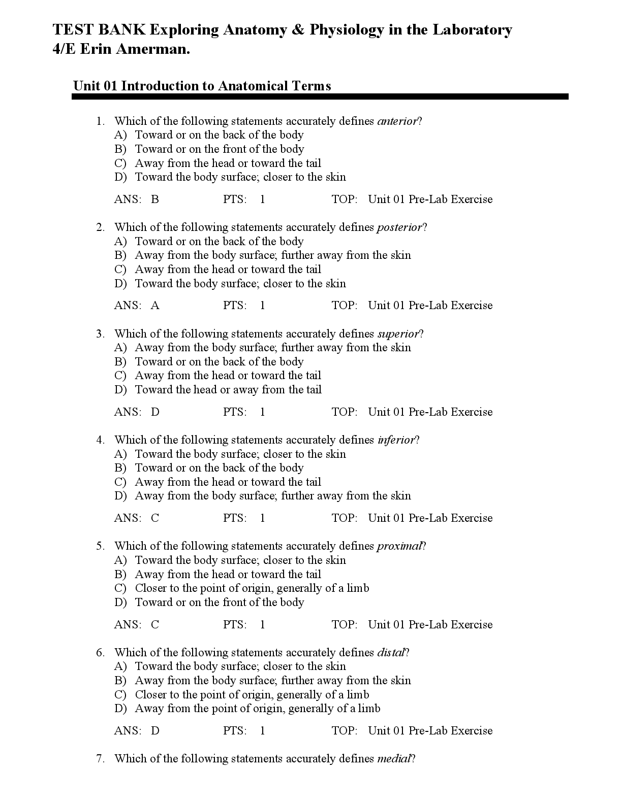 Preview image for TEST BANK Exploring Anatomy & Physiology in the Laboratory 4/E Erin Amerman.