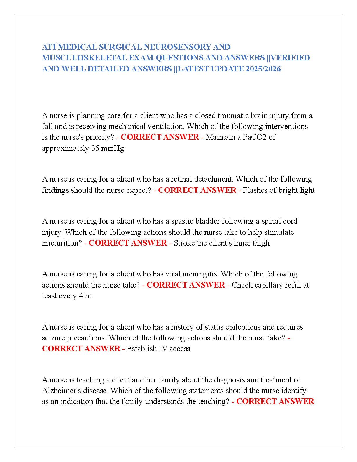 Preview image for ATI MEDICAL SURGICAL NEUROSENSORY AND  MUSCULOSKELETAL EXAM QUESTIONS AND ANSWERS ||VERIFIED  AND WELL DETAILED ANSWERS ||LATEST UPDATE 2025/2026